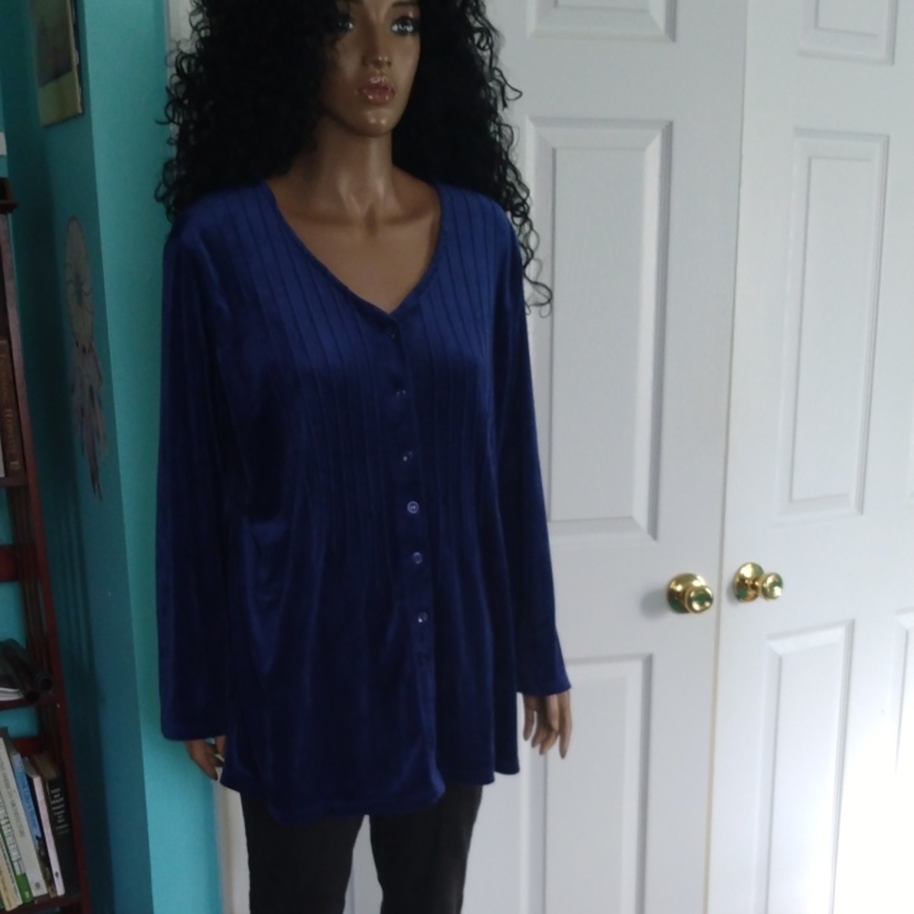 Women's Gorgeous Sapphire Blue Velvet Button-Up Top By Woman Within Size M/L